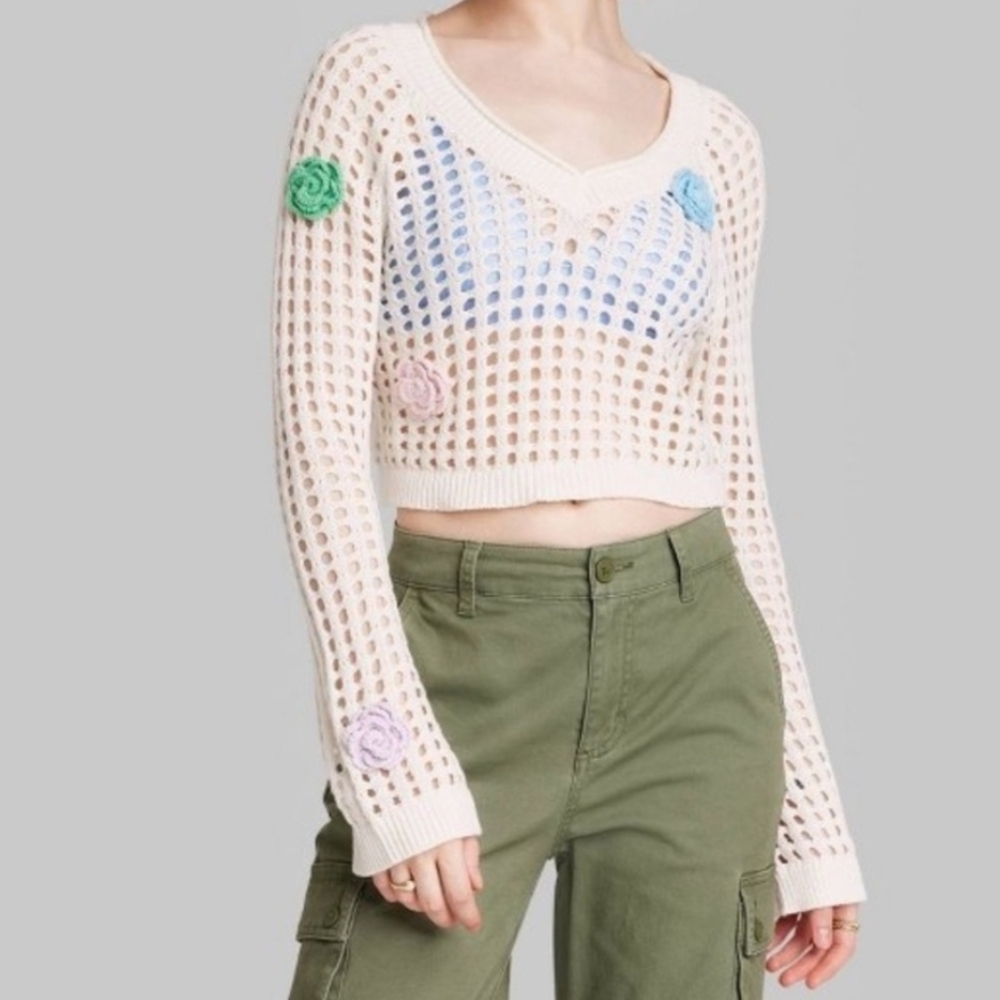 WILD FABLE size Large Long‎ Sleeve Flower Crochet Open Knit Boho Sweater Ivory